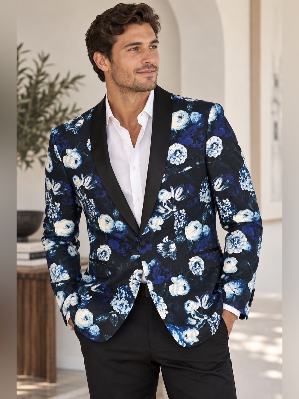 J. Ferrar Slim Fit Floral Blazer 38R Navy Blue White Cotton Stretch Sport Coat
